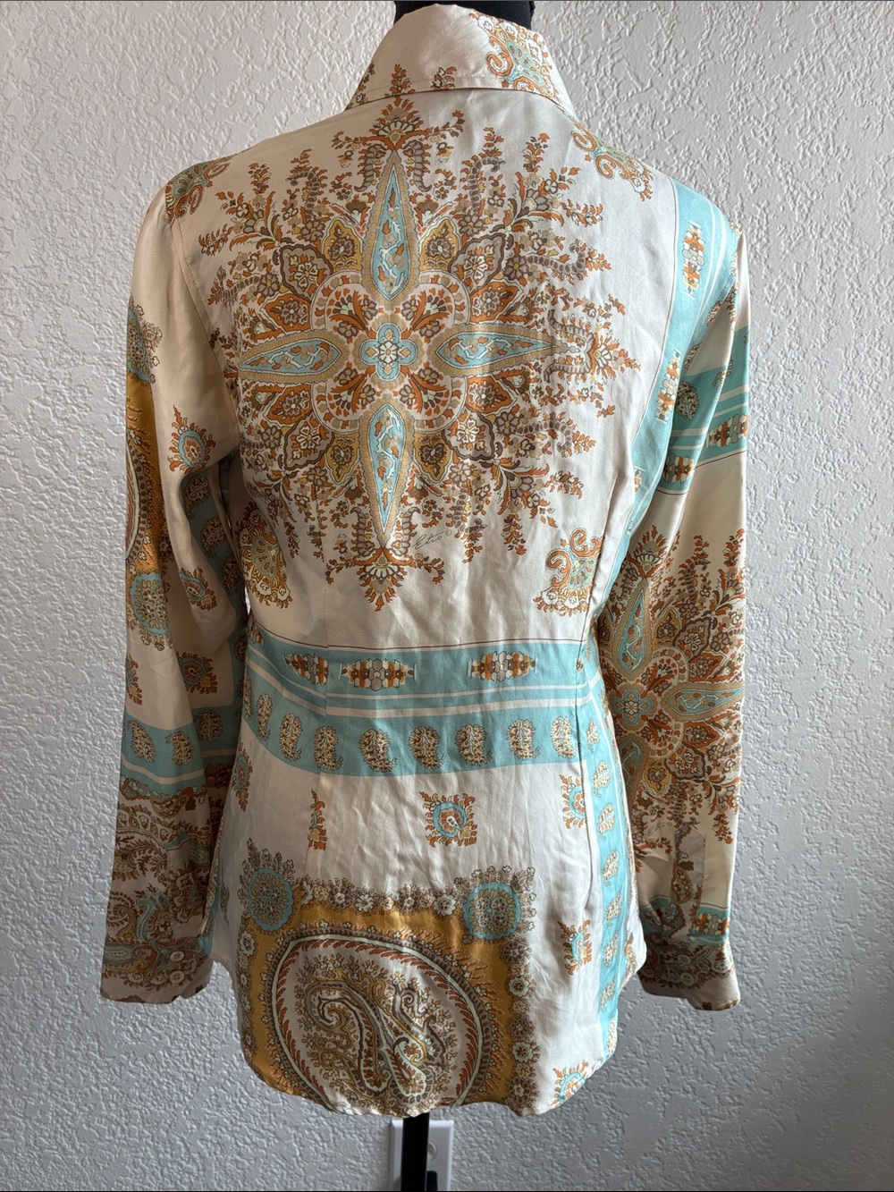 Etro Silk Paisley Patchwork Button Down Long Sleeve Blouse Gold Vintage S - Picture 4 of 7